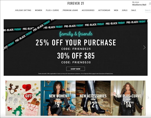 Forever21- holiday-promotions-on-their-website’s-homepage