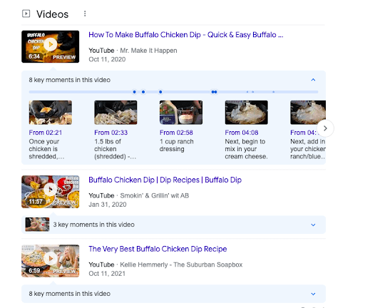 YouTube video Google search result of “how to make buffalo chicken dip” 