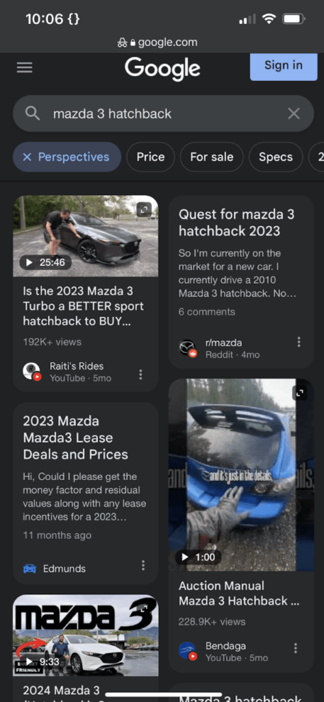 Mobile search results on Google for “mazda 3 hatchback” filtering for “Perspectives”.